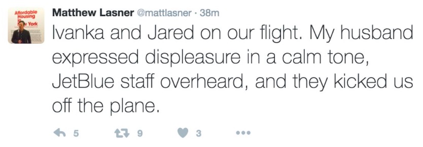 This asshole was trying to spin it like he and his husband were playing the hero and the victim.

JetBlue personnel escorted the passenger off the flight. As he was removed he screamed, “You’re kicking me off for expressing my opinion?!!”