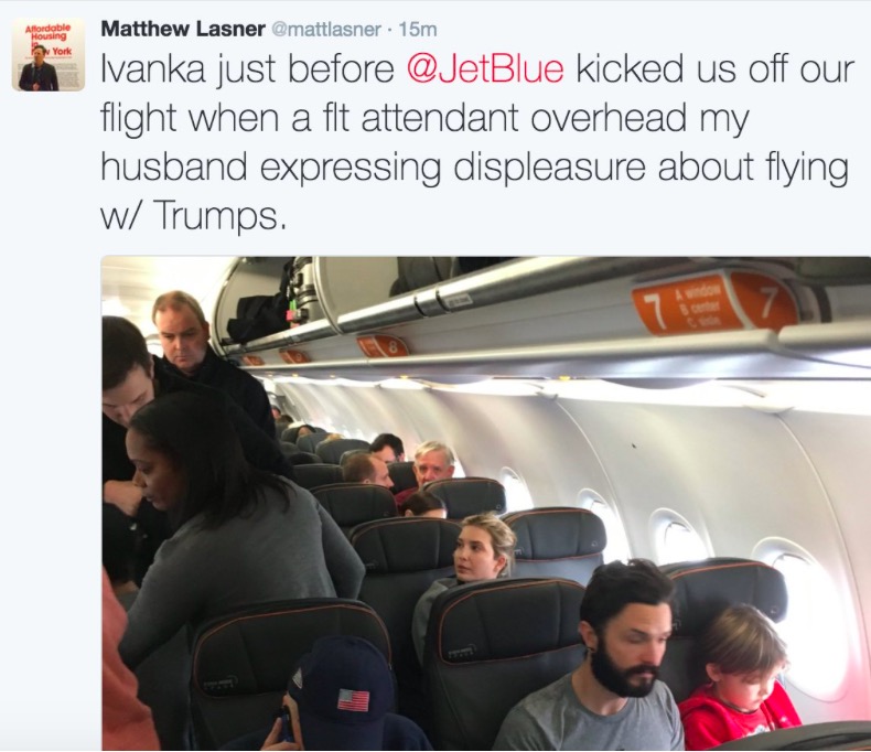 JetBlue personnel escorted the passenger off the flight. As he was removed he screamed, “You’re kicking me off for expressing my opinion?!!”