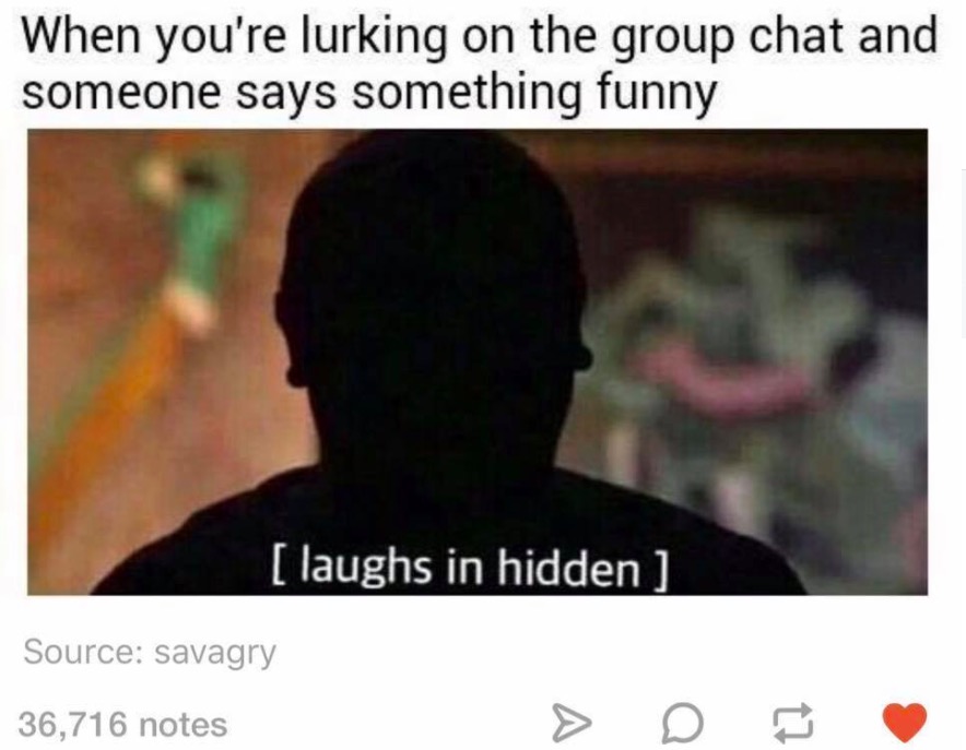tumblr - laughs in hidden - When you're lurking on the group chat and someone says something funny laughs in hidden Source savagry 36,716 notes