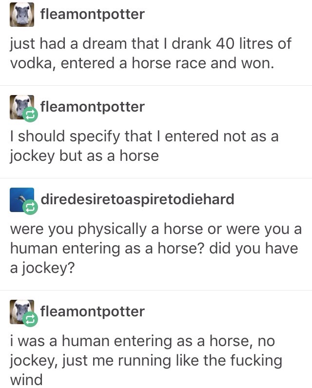 tumblr - funny tumblr dream posts - fleamontpotter just had a dream that I drank 40 litres of vodka, entered a horse race and won. f fleamontpotter I should specify that I entered not as a jockey but as a horse diredesiretoaspiretodiehard were you physica