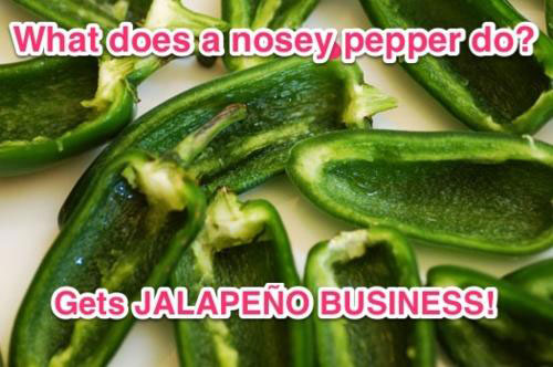 funny food pun memes - What does a nosey pepper do? Gets Jalapeo Business!