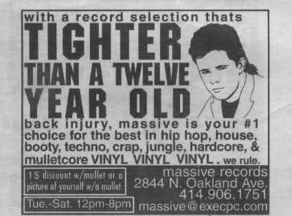 tighter than a twelve year old - with a record selection thats Tighter Than A Twelve Year Old back injury, massive is your choice for the best in hip hop, house, booty, techno, crap, jungle, hardcore, & mulletcore Vinyl Vinyl Vinyl.we rule. 19 discount wm