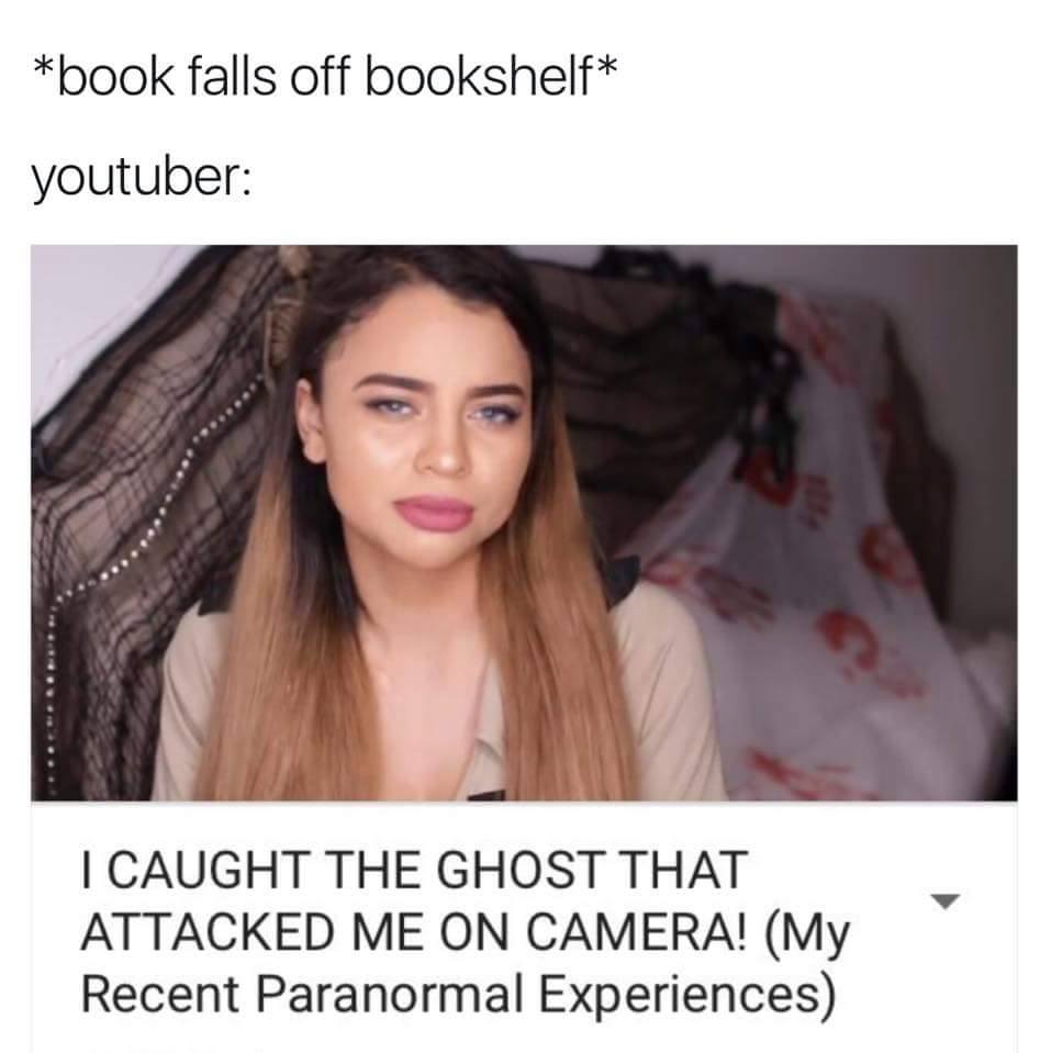 youtube clickbait meme - book falls off bookshelf youtuber I Caught The Ghost That Attacked Me On Camera! My Recent Paranormal Experiences