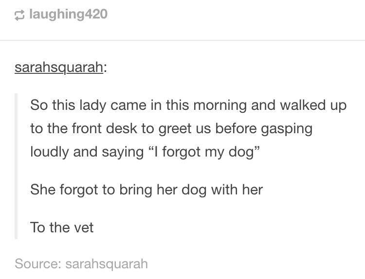 document - laughing420 sarahsquarah So this lady came in this morning and walked up to the front desk to greet us before gasping loudly and saying "I forgot my dog" She forgot to bring her dog with her To the vet Source sarahsquarah