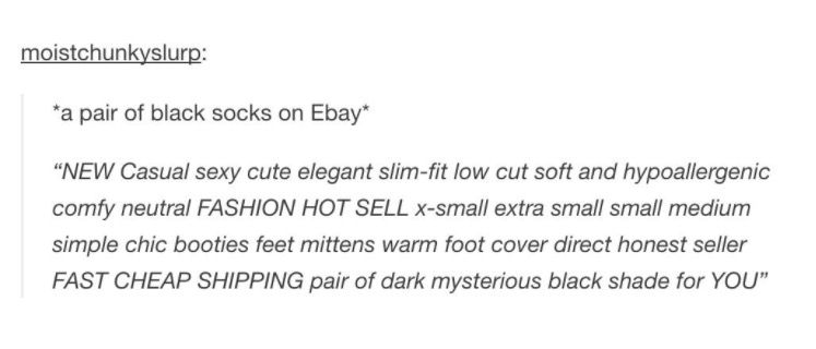 tumblr - document - moistchunkyslurp a pair of black socks on Ebay "New Casual sexy cute elegant slimfit low cut soft and hypoallergenic comfy neutral Fashion Hot Sell Xsmall extra small small medium simple chic booties feet mittens warm foot cover direct