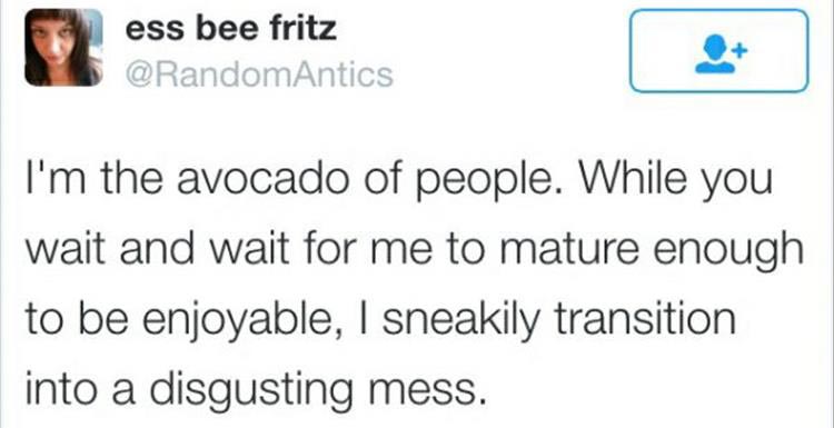 arlene foster tweet - ess bee fritz I'm the avocado of people. While you wait and wait for me to mature enough to be enjoyable, I sneakily transition into a disgusting mess.
