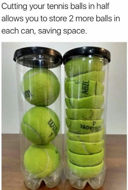cutting your tennis balls in half - Cutting your tennis balls in half allows you to store 2 more balls in each can, saving space. Abze