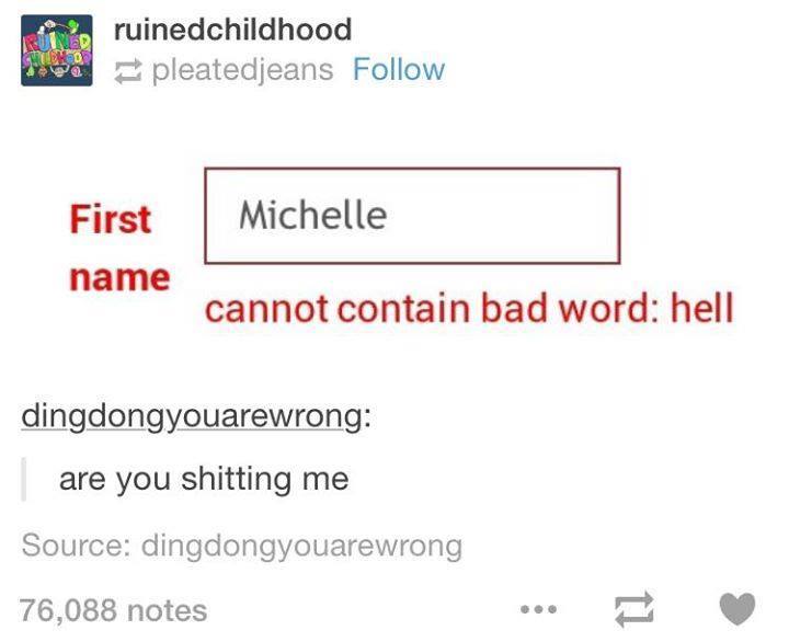 tumblr - document - 2 Se ruinedchildhood pleatedjeans First Michelle name cannot contain bad word hell dingdongyouarewrong are you shitting me Source dingdongyouarewrong 76,088 notes