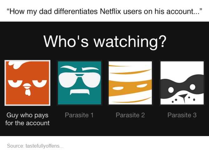 tumblr - netflix funny quotes - "How my dad differentiates Netflix users on his account..." Who's watching? Parasite 1 Parasite 2 Parasite 3 Guy who pays for the account Source tastefullyoffens...