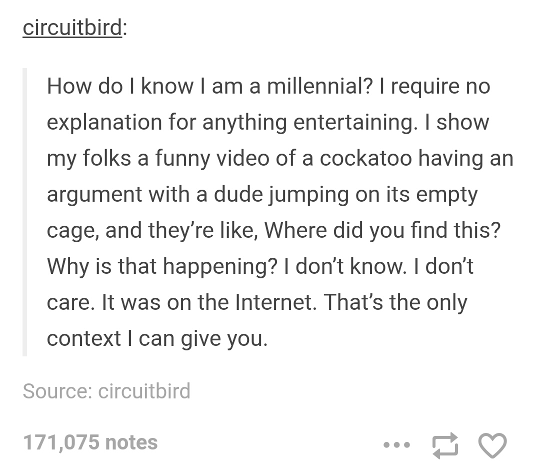 tumblr - millennial humor - circuitbird How do I know I am a millennial? I require no explanation for anything entertaining. I show my folks a funny video of a cockatoo having an argument with a dude jumping on its empty cage, and they're , Where did you 