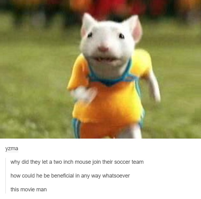 tumblr - stuart little soccer meme - yzma why did they let a two inch mouse join their soccer team how could he be beneficial in any way whatsoever this movie man
