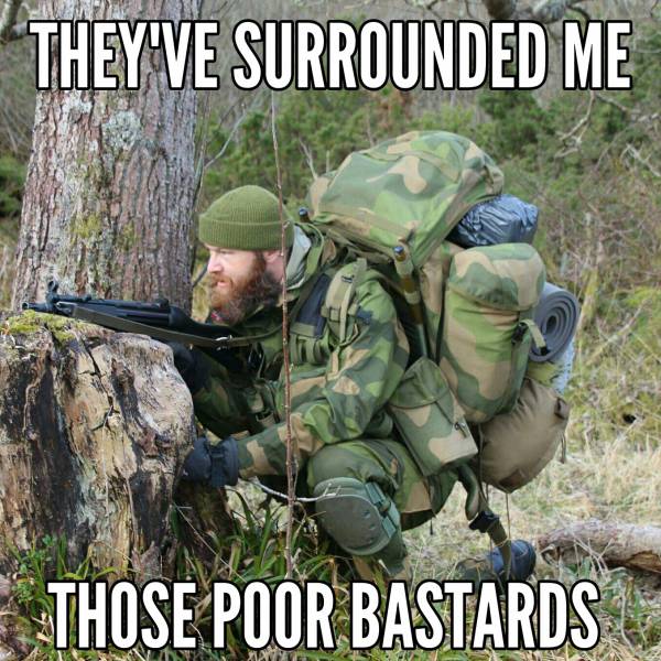 Funny meme of over prepared survivalist when he is surrounded