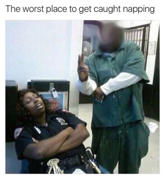 Very funny picture in a meme of a prisoner posing with a sleeping female guard, behind bars.