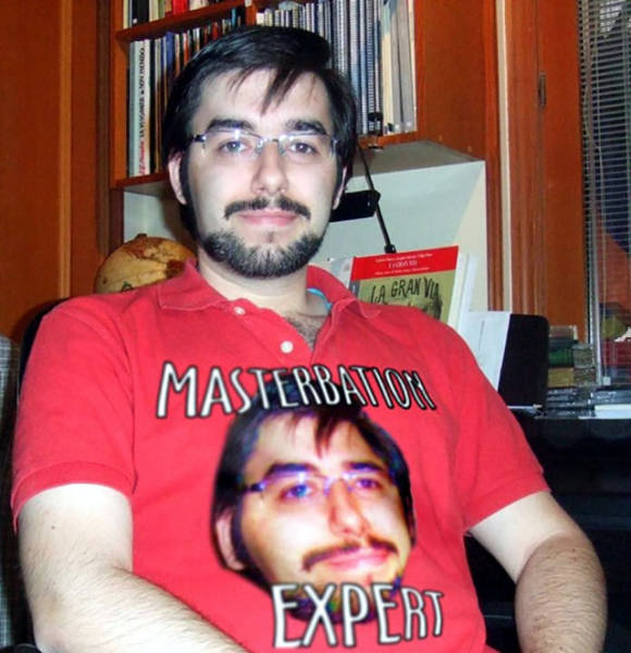 Man wearing a funny picture of himself on his t-shirt