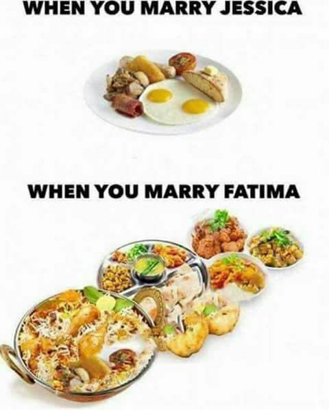 Meme of the meal you get when you marry Fatima VS marrying Jessica
