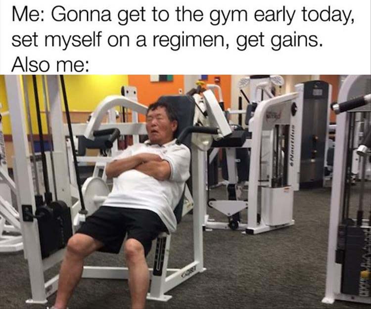 funny fitness memes - Me Gonna get to the gym early today, set myself on a regimen, get gains. Also me No