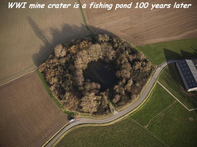 random pic aerial photography - Wwt mine crater is a fishing pond 100 years later