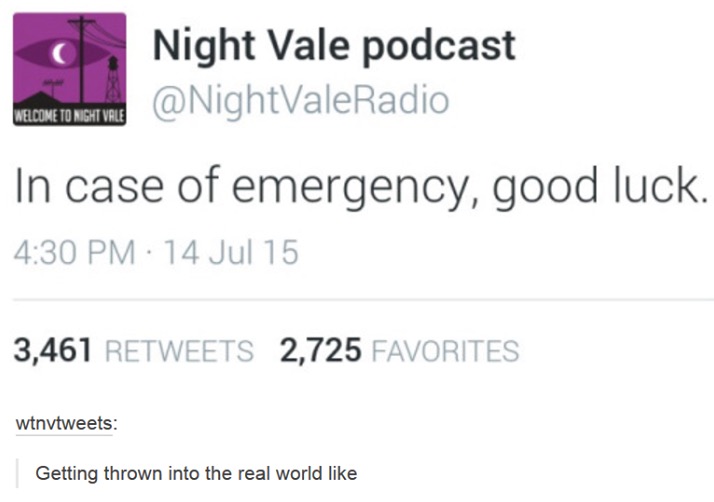 diagram - Welcome To Night Vale Night Vale podcast Welcome To Micht Vale In case of emergency, good luck. 14 Jul 15 3,461 2,725 Favorites wtnvtweets Getting thrown into the real world