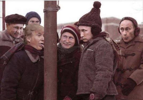 work meme with photoshopped image of Putin making Trump lick a frozen poll