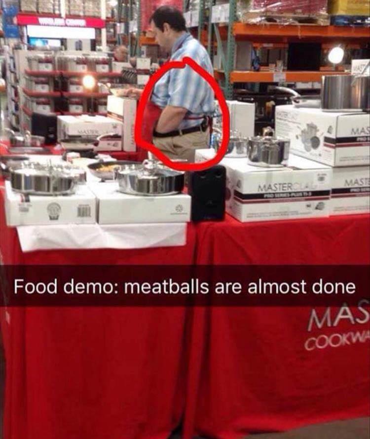 work meme of a cookware demonstrator with his hand down his pants