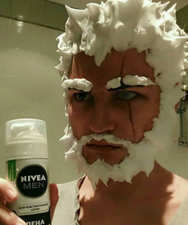 work meme of man giving himself Witcher's Gerlat facial hair made out of shaving foam