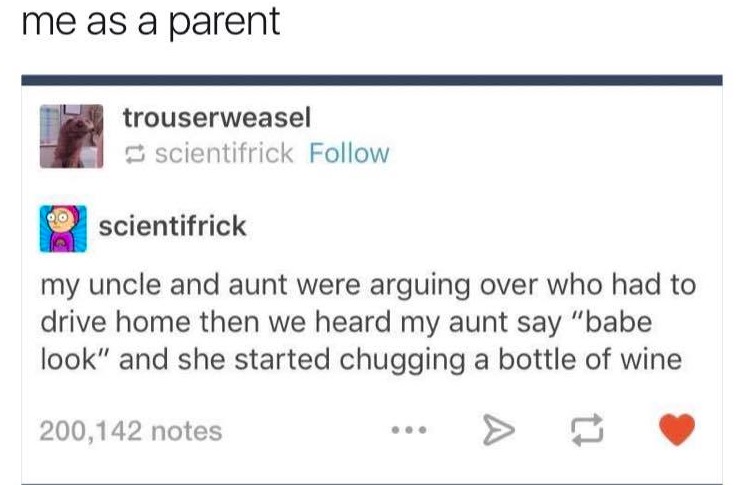 aunt tumblr posts - me as a parent trouserweasel scientifrick O scientifrick my uncle and aunt were arguing over who had to drive home then we heard my aunt say "babe look" and she started chugging a bottle of wine 200,142 notes