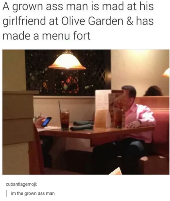 olive garden menu fort - A grown ass man is mad at his girlfriend at Olive Garden & has made a menu fort cubanflagemoji im the grown ass man