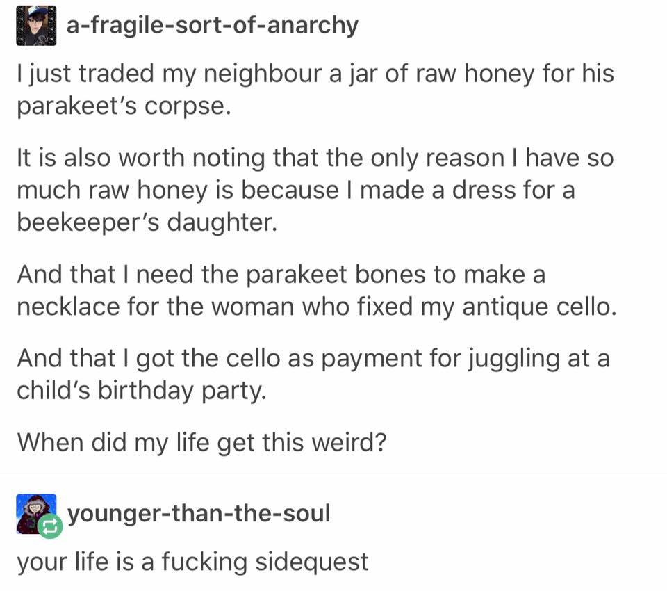 your life is a side quest - afragilesortofanarchy I just traded my neighbour a jar of raw honey for his parakeet's corpse. It is also worth noting that the only reason I have so much raw honey is because I made a dress for a beekeeper's daughter. And that