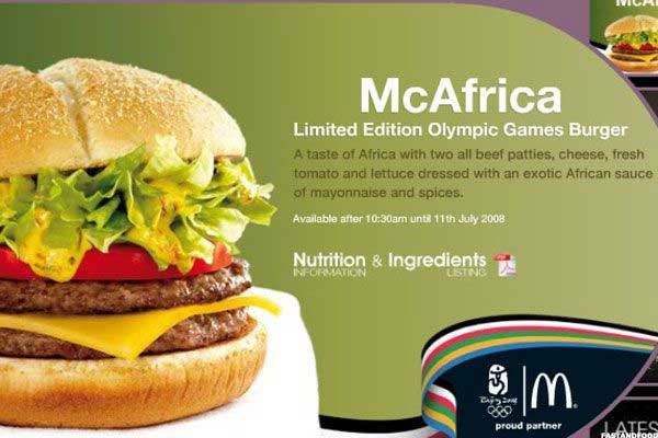 food fail worst fast food items - Vila McAfrica Limited Edition Olympic Games Burger A taste of Africa with two all beef patties, cheese, fresh tomato and lettuce dressed with an exotic African sauce of mayonnaise and spices. Available after am unti 11th 