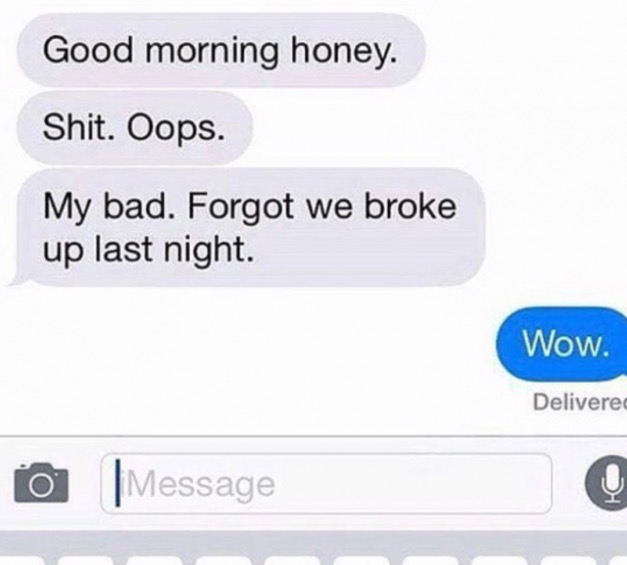 multimedia - Good morning honey. Shit. Oops. My bad. Forgot we broke up last night. Wow. Delivere 0 Message