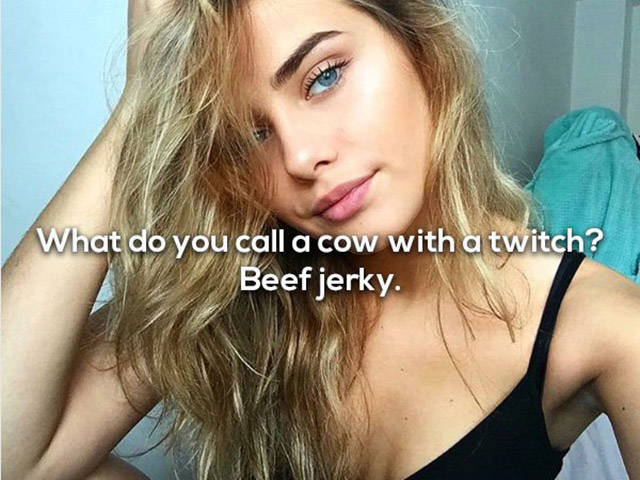 dad jokes- blond - What do you call a cow with a twitch? Beef jerky.