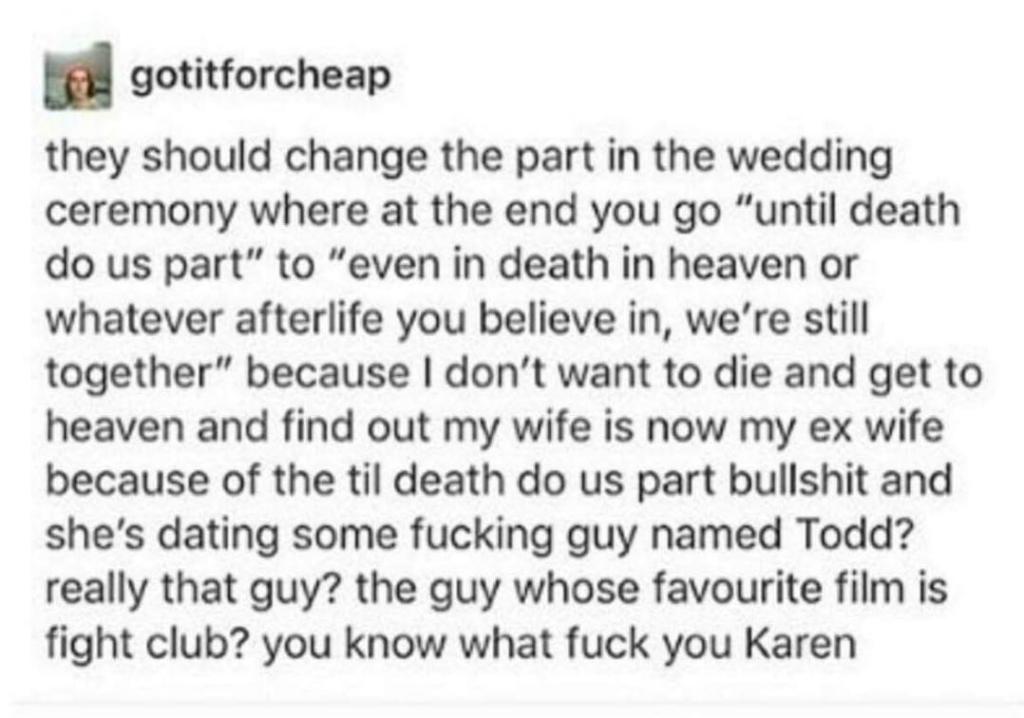 tumblr - document - gotitforcheap they should change the part in the wedding ceremony where at the end you go "until death do us part" to "even in death in heaven or whatever afterlife you believe in, we're still together" because I don't want to die and 