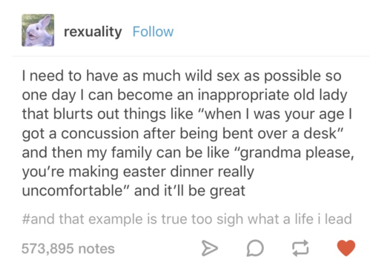 tumblr - document - rexuality I need to have as much wild sex as possible so one day I can become an inappropriate old lady that blurts out things "when I was your age | got a concussion after being bent over a desk" and then my family can be "grandma ple