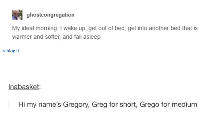 tumblr - document - ghostcongregation My ideal morning I wake up, get out of bed, get into another bed that is warmer and softer, and fall asleep reblog it inabasket Hi my name's Gregory, Greg for short, Grego for medium