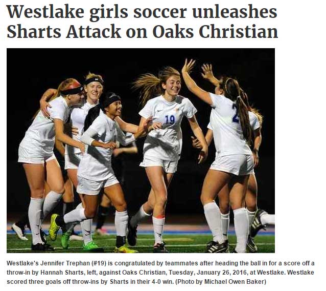 team sport - Westlake girls soccer unleashes Sharts Attack on Oaks Christian 19 Westlake's Jennifer Trephan is congratulated by teammates after heading the ball in for a score off a throwin by Hannah Sharts, left, against Oaks Christian, Tuesday, , at Wes