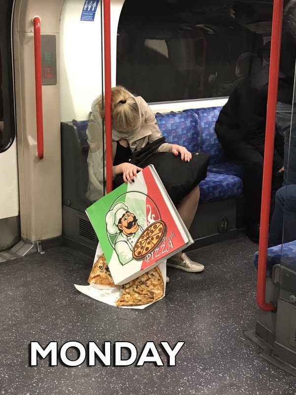 cool girl on subway with pizza - Pizza Monday