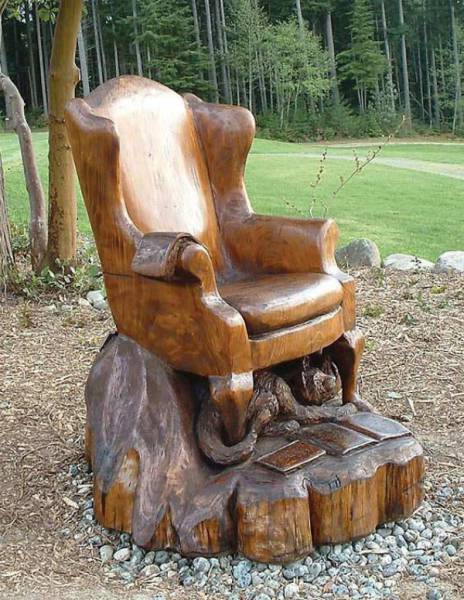 Wooden chair carved from a tree stump.