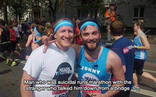 Marathon runners of one who attempted suicide and the other who talked him down from the bridge.