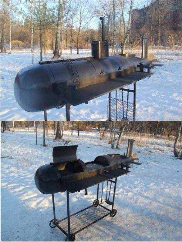 Submarine shaped barbecue setup.