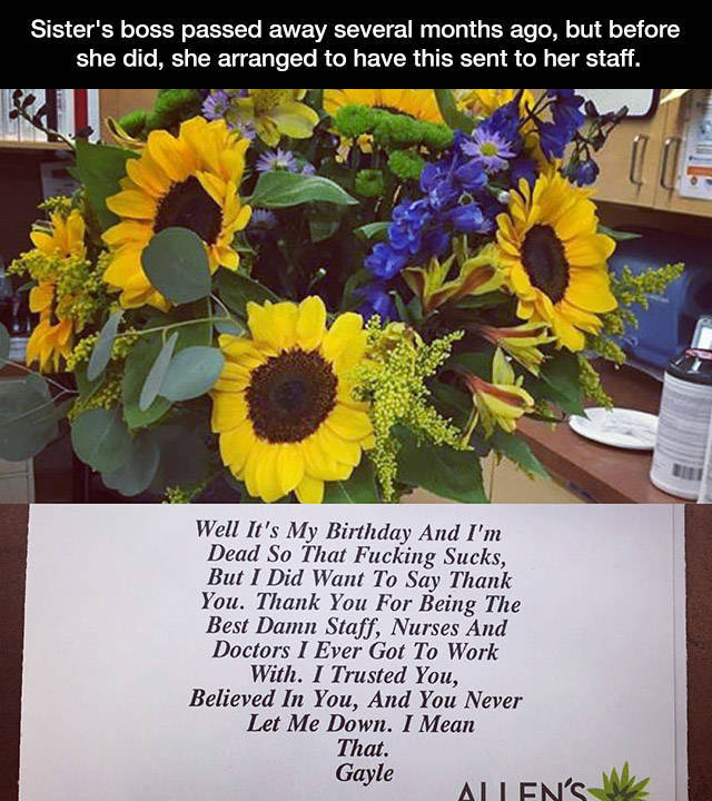 Woman that sent flowers to her sister's coworkers after she had died.