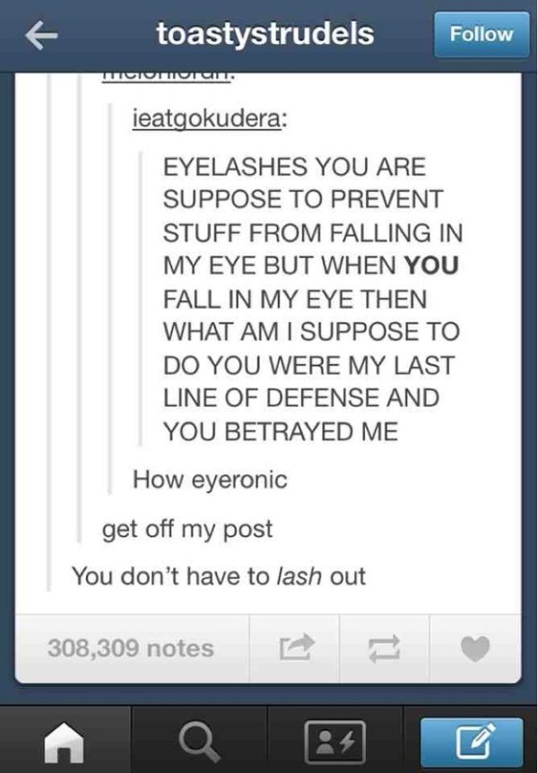 tumblr - Pun - toastystrudels orur ieatgokudera Eyelashes You Are Suppose To Prevent Stuff From Falling In My Eye But When You Fall In My Eye Then What Am I Suppose To Do You Were My Last Line Of Defense And You Betrayed Me How eyeronic get off my post Yo