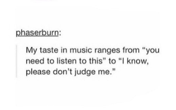 tumblr - document - phaserburn My taste in music ranges from "you need to listen to this" to "I know, please don't judge me."