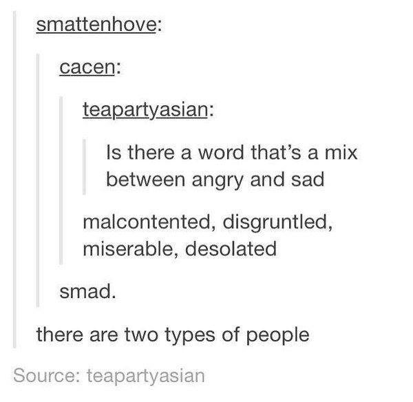 tumblr - smad meme - smattenhove cacen teapartyasian Is there a word that's a mix between angry and sad malcontented, disgruntled, miserable, desolated smad. there are two types of people Source teapartyasian