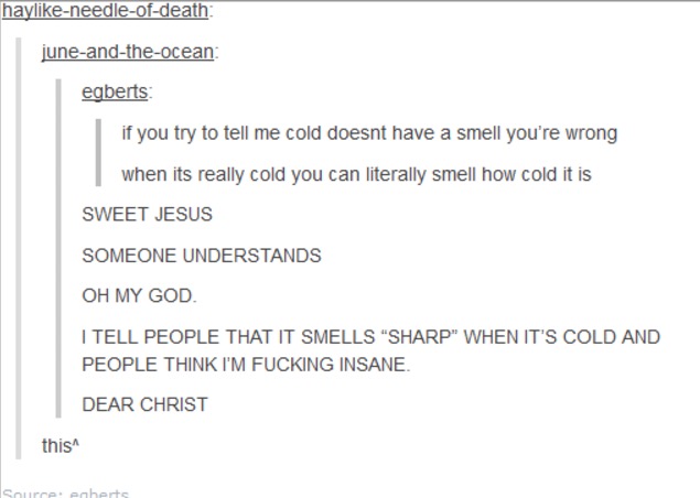 tumblr - document - hayneedleofdeath juneandtheocean egberts if you try to tell me cold doesnt have a smell you're wrong when its really cold you can literally smell how cold it is Sweet Jesus Someone Understands Oh My God. I Tell People That It Smells "S