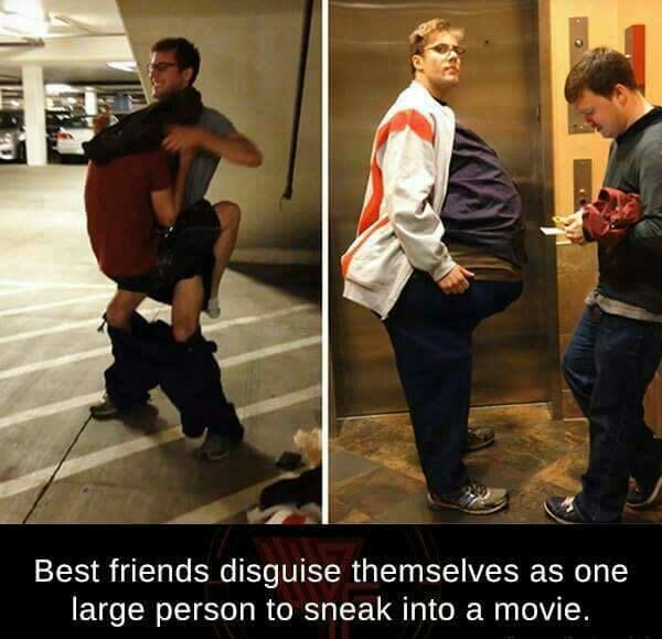 best sneak memes - Best friends disguise themselves as one large person to sneak into a movie.