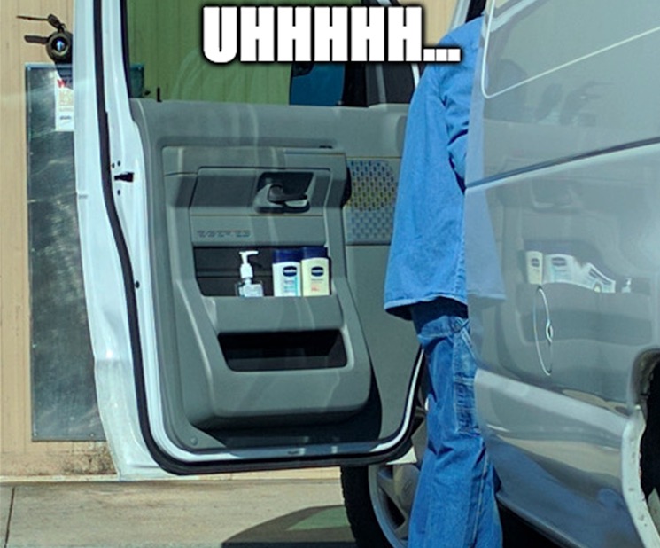 Funny meme of a dude dressed in denim that has way too many lubricants and lotions in the door of his van.