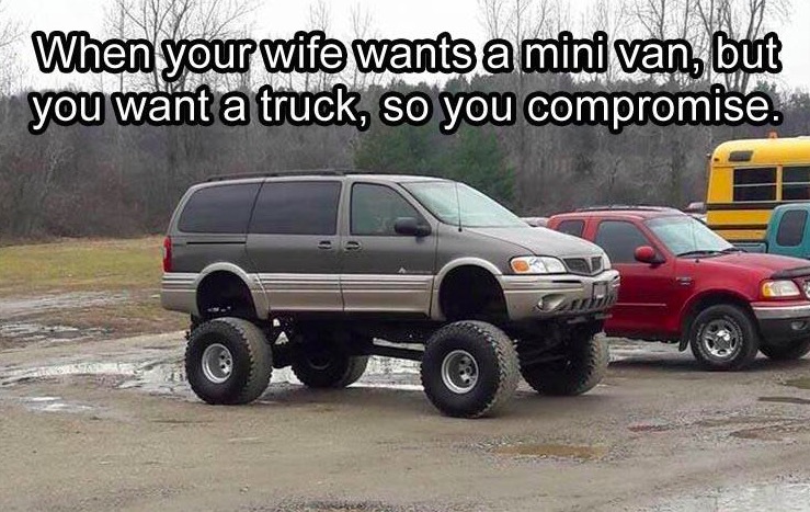 Funny meme of a picture of a minivan with off-road tires.