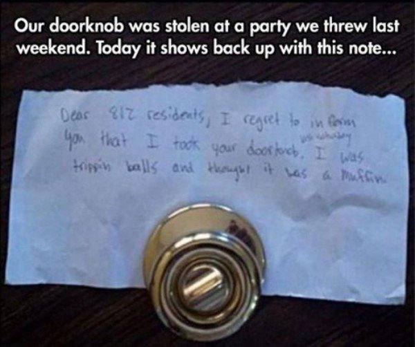 Funny meme about a person who stole a doorknob from a party.