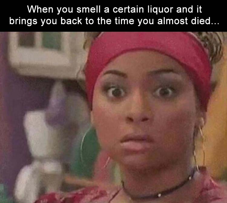 Reaction meme of a woman highlighting the expression when you smell a liquor that reminds your of...