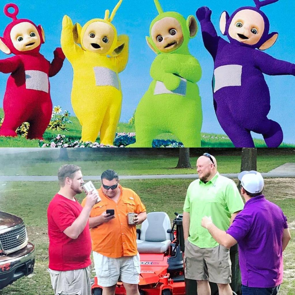 Funny meme of picture of Tele-tubbies and grown men who look just like them because of their shirt covers.